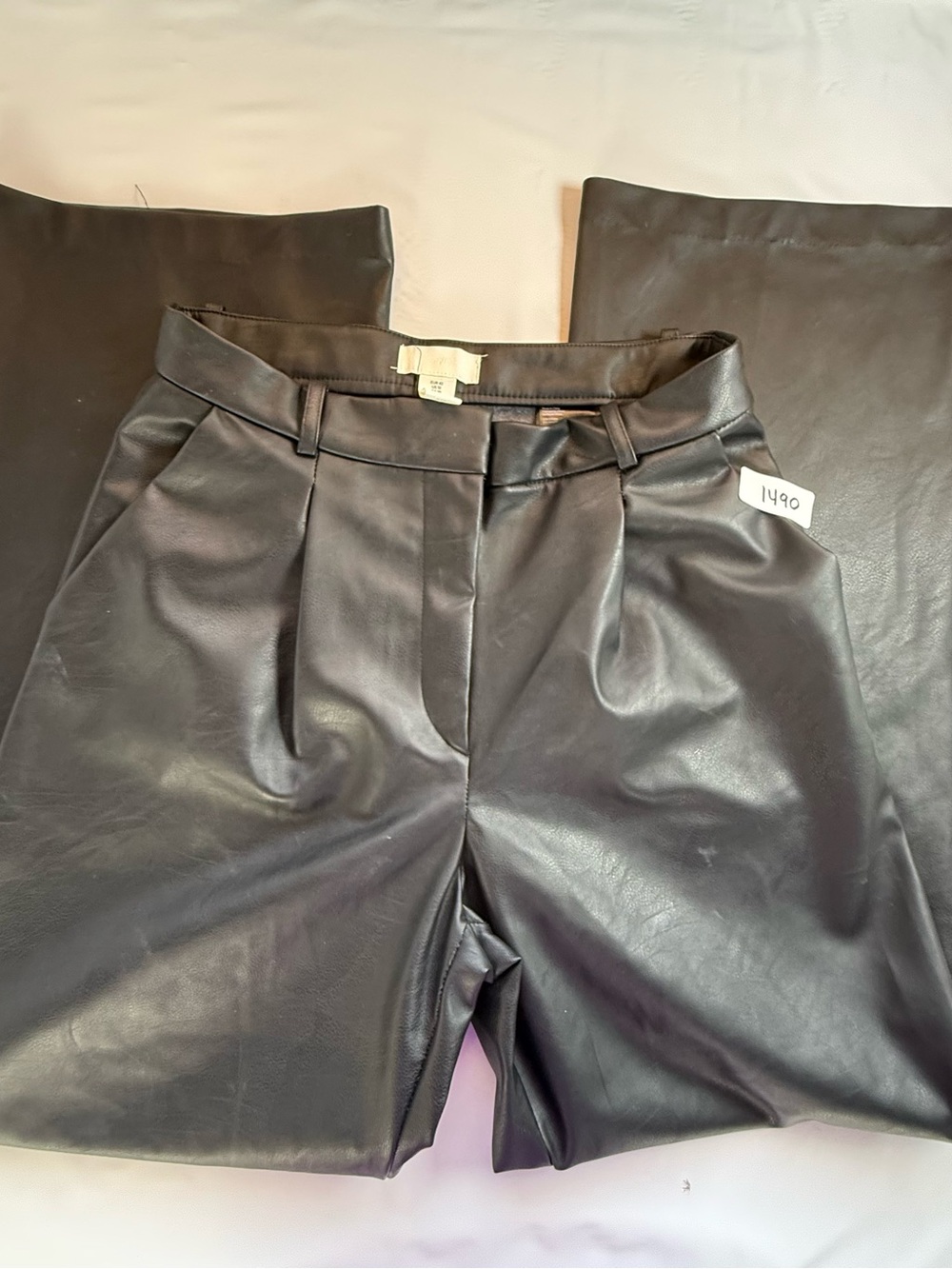 DarkAcademia H&M Black Vegan Leather High Rise Wide Leg Tailored Pleated Pant 10